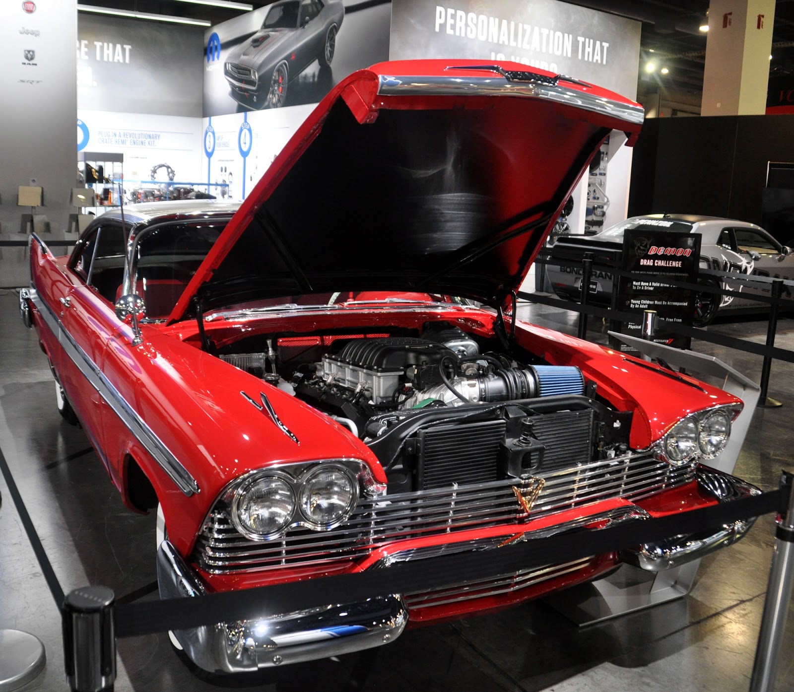 Just A Car Guy: 1958 Fury &quot;Christine&quot; tribute with a Hellephant motor I  posted about was in the Mopar booth at SEMA