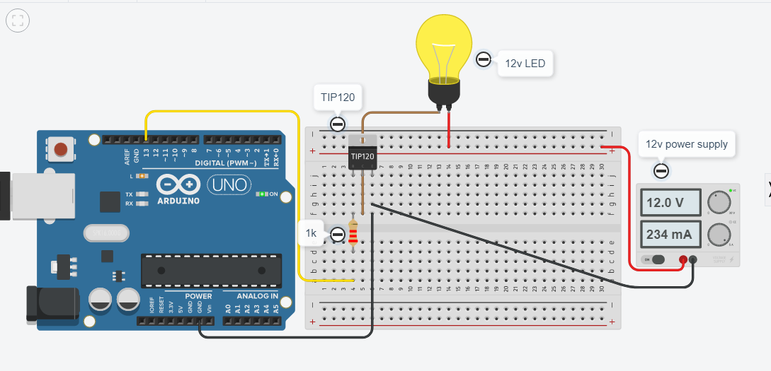 Arduino control 12v LED with tip120 transistor switching.