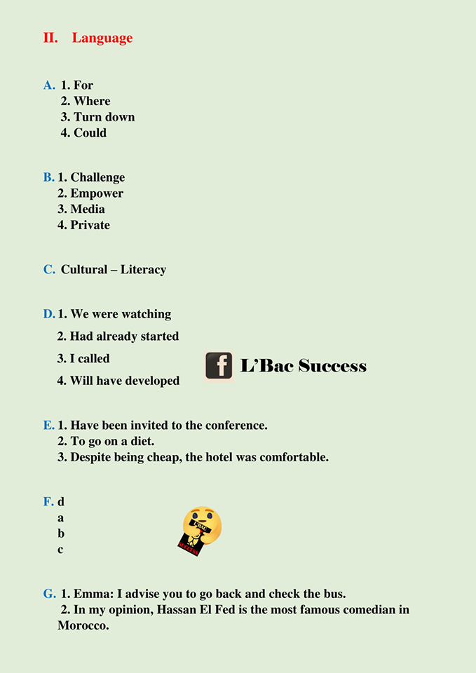 عناصر الإجابة للامتحان الوطني 2020 اللغة الإنجليزية تصحيح الامتحان الوطني 2020 مادة اللغة الانجليزية مسلك باك اداب