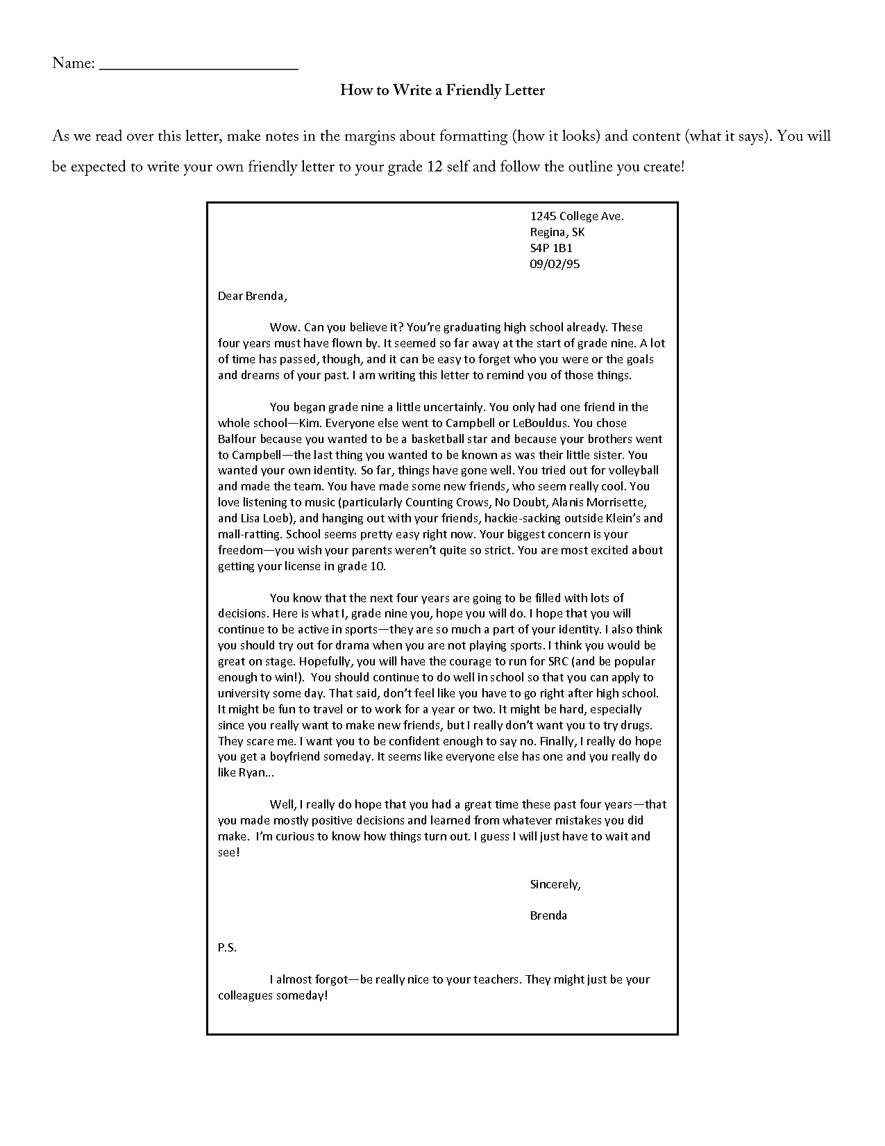 Friendly Letter Template Middle School Birthday Letter