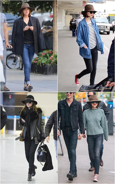 Dakota Johnson wore a wide-brimmed hat with a concave shape.
