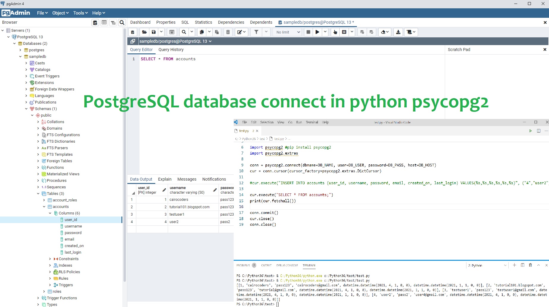 PostgreSQL database connect in python psycopg2 | Tutorial101