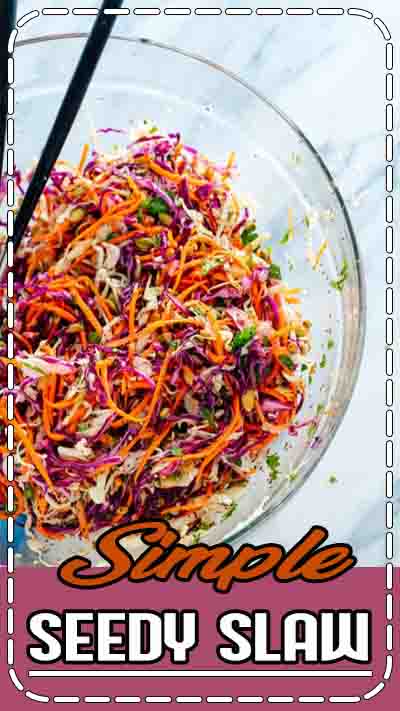 This healthy slaw recipe tastes amazing! It's made with a fresh and simple lemon dressing (no mayo or vinegar) and features toasted sunflower and pumpkin seeds. Gluten free and vegan. #coleslaw #healthycoleslaw #sidedish #vegan #cookieandkate