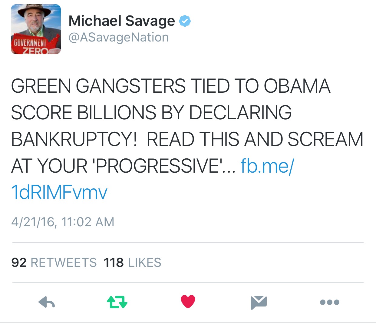 April 21, 2016: ON THE AIR with Michael Savage slams "OBAMA's GREEN GANSTERS..."