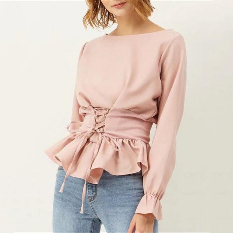 2017-Pink-Satin-Chiffon-Ruffles-Elastci-Waist-Belt-Pullover-Shirts-Tops-Women-Lace-up-Flare-Sleeve