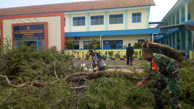 Babinsa Bersama Warga Evakuasi Pohon Tumbang