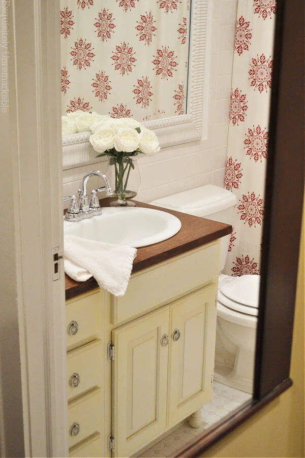 Farmhouse Red and White Accented Bathroom Mirror View