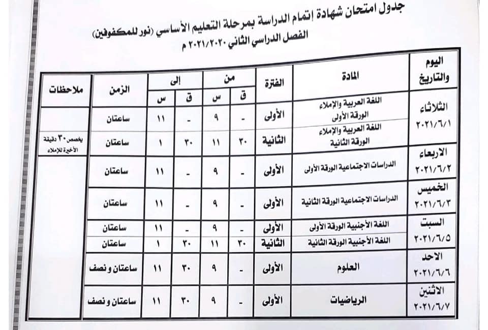 جدول امتحانات الصف الثالث الإعدادي الترم الثاني 2021 محافظة بني سويف 2