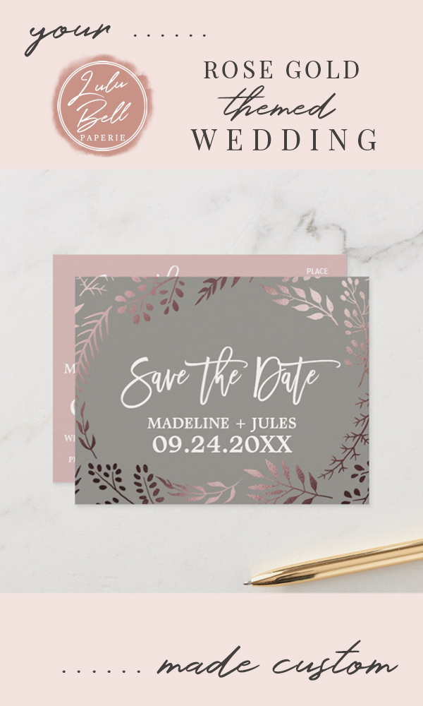 Elegant Rose Gold and Gray Botanical Foil Save the Date Cards