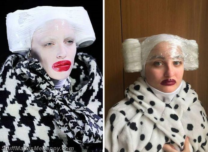 Quarantined People Ridiculously Recreate High Fashion Images Using What They Find At Home