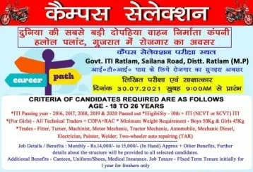ITI Jobs Campus Placement Drive For Boys & Girls at Government ITI Ratlam, Madhya Pradesh For Hero MotoCorp Ltd Company