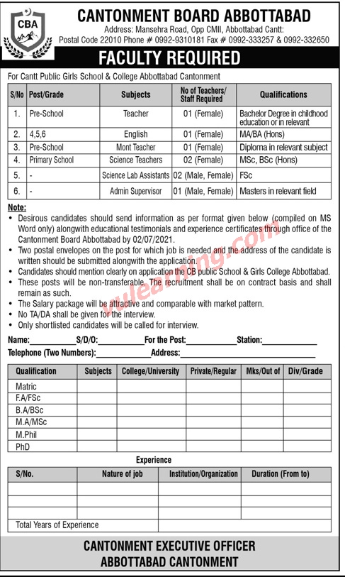 Latest Government Teacher Jobs by Cantonment Board Abbottabad in June 2021 for Pre School, Primary School, etc Latest Government Teacher Jobs by Cantonment Board Abbottabad in June 2021 for Pre School, Primary School, etc