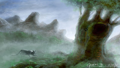 A grey cat walks towards a big tree during a spring morning, a thing fog covers the whole ground while, in the back, the mountains can be seen emerging from the mist