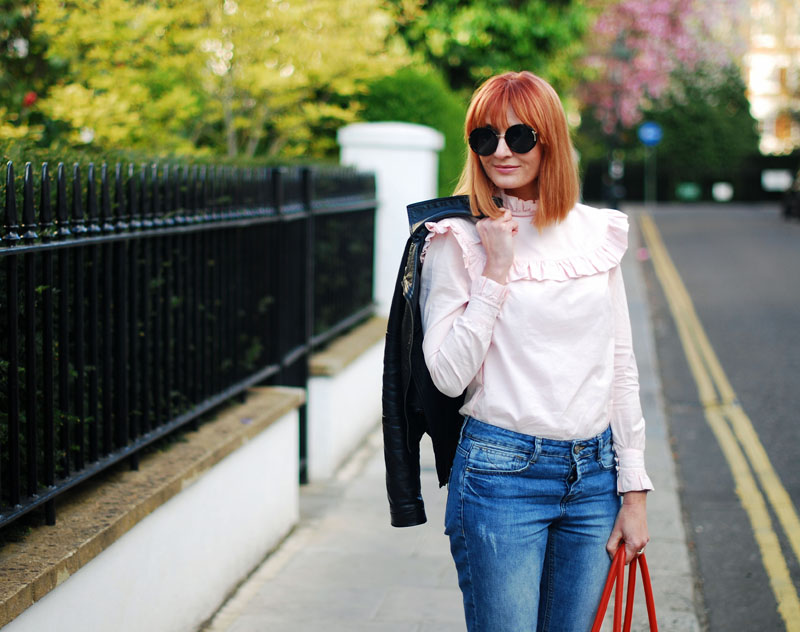 SS16 Style: M&S Archive by Alexa ruffled Harry blouse, distressed boyfriend jeans, black biker jacket, orange tote | Not Dressed As Lamb