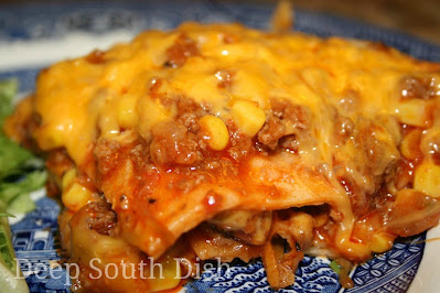 Layers of corn tortillas with ground beef, enchilada sauce, cheese and other delicious seasonings in a quick and easy casserole form.