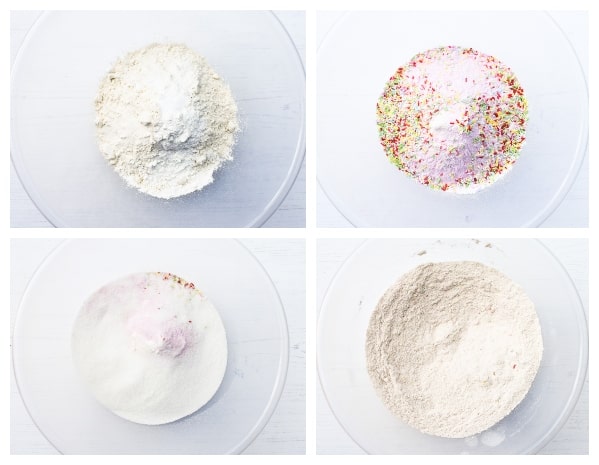 4 photos of dry ingredients added to a clear mixing bowl - flour, salt, baking powder, sugar and milkshake powder