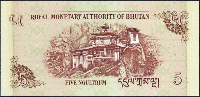 Bhutan Currency 5 Ngultrum banknote 2006 Paro Taksang