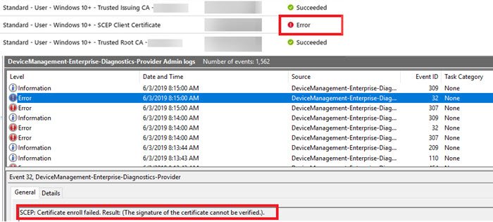 Развертывание SCEP на устройствах с Windows 10 завершается сбоем после обновления сертификата ЦС