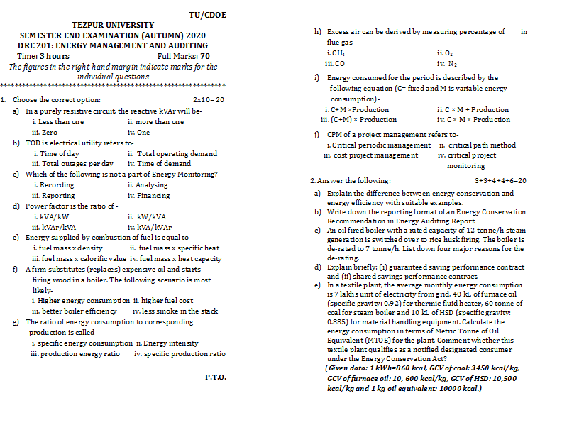 TEZPUR UNIVERSITY (TU/CDOE) AUTUMN SEMESTER END DRE 201 ENERGY