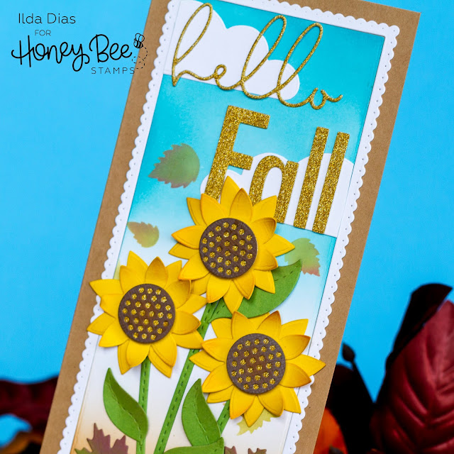 Hello, Fall, Sunflower, Slimline, Scene Honey Bee Stamps, Ink Blending, distress oxide inks, Card Making, Die Cutting, handmade card, ilovedoingallthingscrafty, Stamps, how to,  