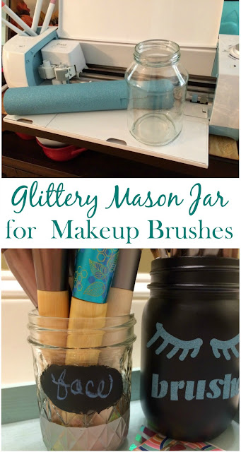 I used chalkboard paint and glitter vinyl to re-purpose mason jars into decorative holders for my makeup brushes.
