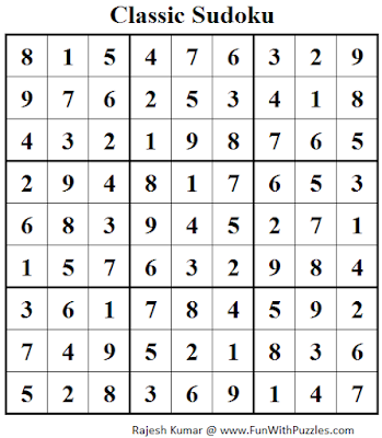 Classic Sudoku (Fun With Sudoku #101) Solution