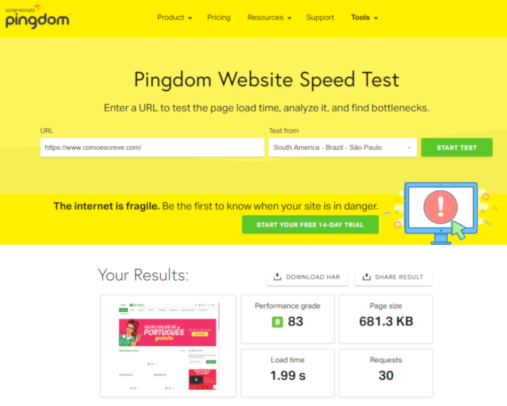 Teste de velocidade do blog - Pingdom Tools