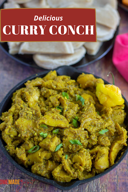 A pot of curry conch with overlay text to be used for pinterest.
