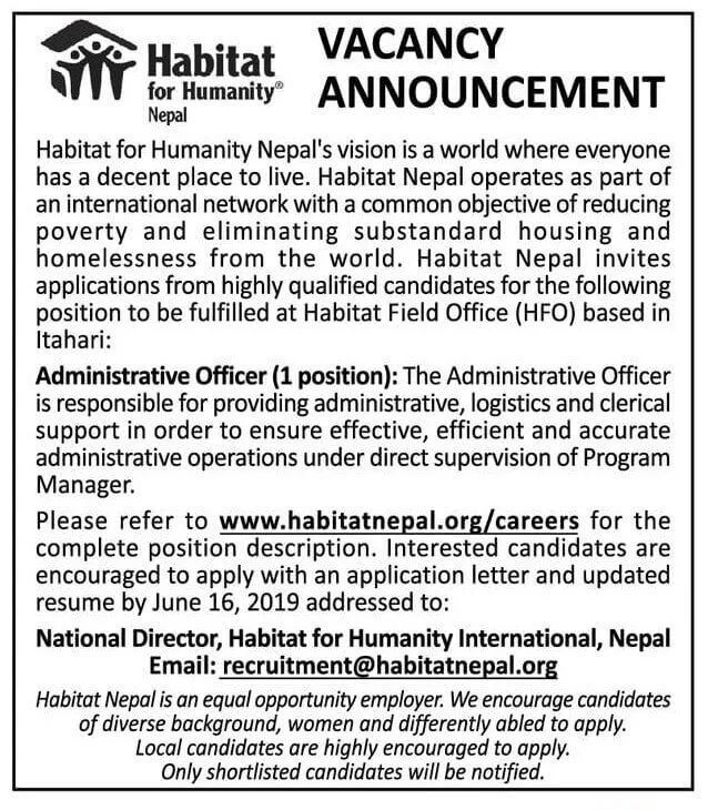 Vacancy Announcement from Habitat for Humanity Nepal