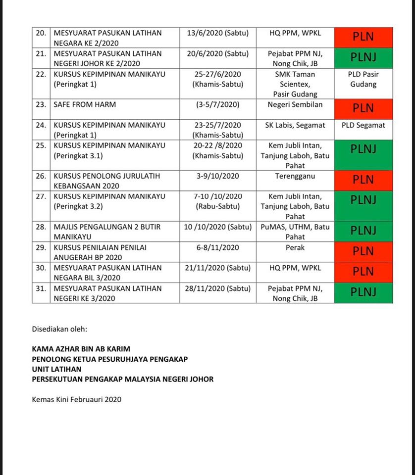 TAKWIM PASUKAN LATIHAN NEGERI JOHOR TAHUN 2020 - PENGAKAP JOHOR