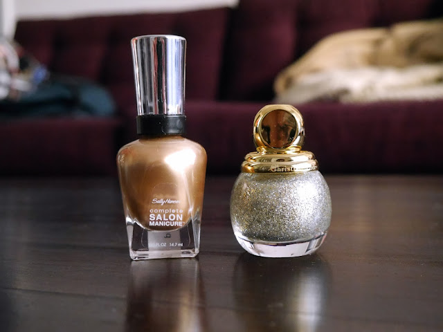 Sally Hansen Fool's Gold, Dior State of Gold nail polish manicure, holiday look
