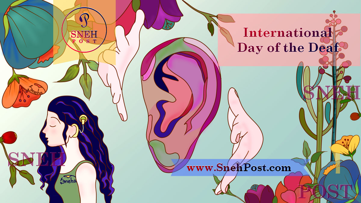 World Deaf Day illustration logo of hands portraying sign language around the ear drawing, a beautiful cute deaf girl with ear machine, Hearing Aid device to listen (multicolor abstract graphics with floral background)