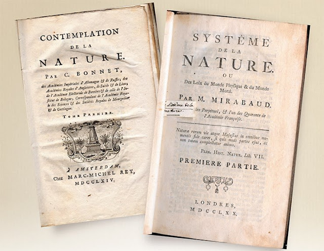 титул книги Ш. Боннэ «Contemplation de la nature», 1764. Издатель М. М. Рей. Титул книги Мирабо «Systeme de la nature», 1770. Издатель М. М. Рей.
