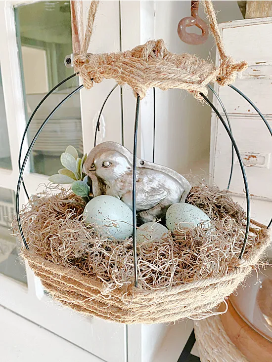 hanging jute basket with eggs