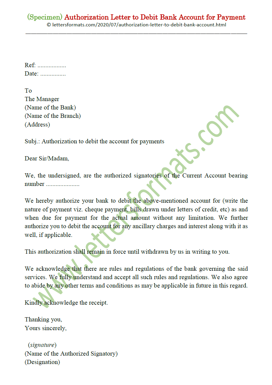 Sample Authorization Letter to Debit Bank Account for Payment