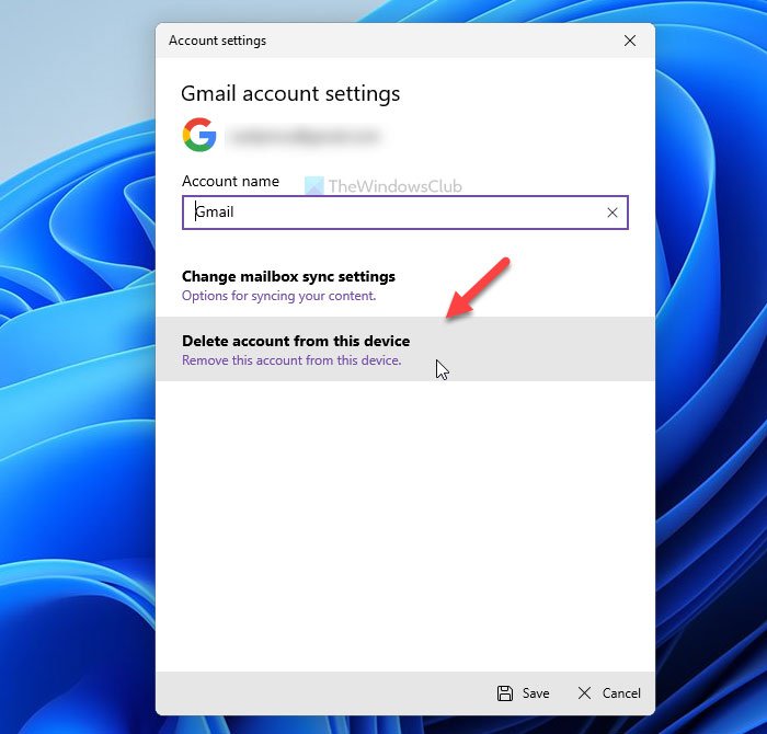 Удалить учетную запись, чтобы выйти из одной учетной записи электронной почты в почтовом приложении Windows 11/10.