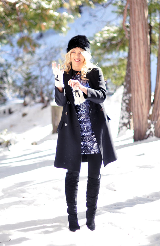 holiday outfit in the snow, dressing up in the winter