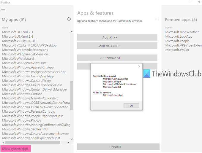 Bloatbox를 사용하면 Windows 10에서 기본 제공 및 후원 앱을 일괄 제거할 수 있습니다.