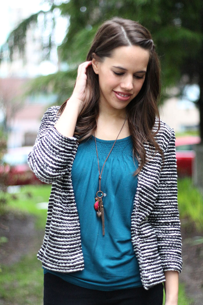 jules in flats: February 11 - Striped Cardigan Jacket & Teal Top