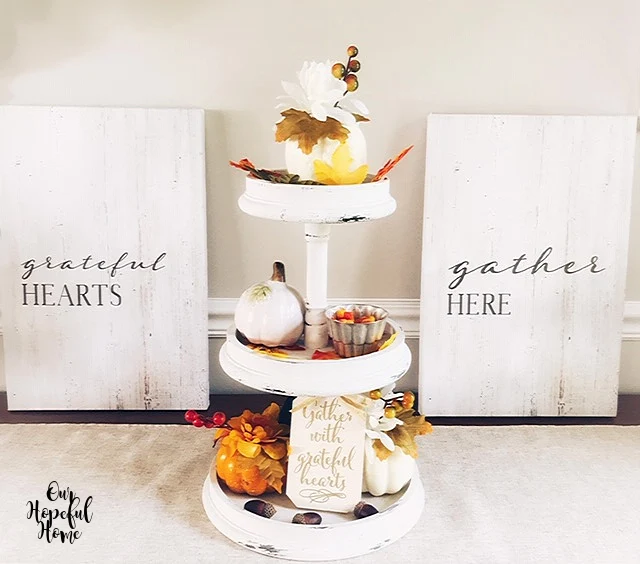 grateful hearts gather here canvas wall art wooden tiered tray pumpkins