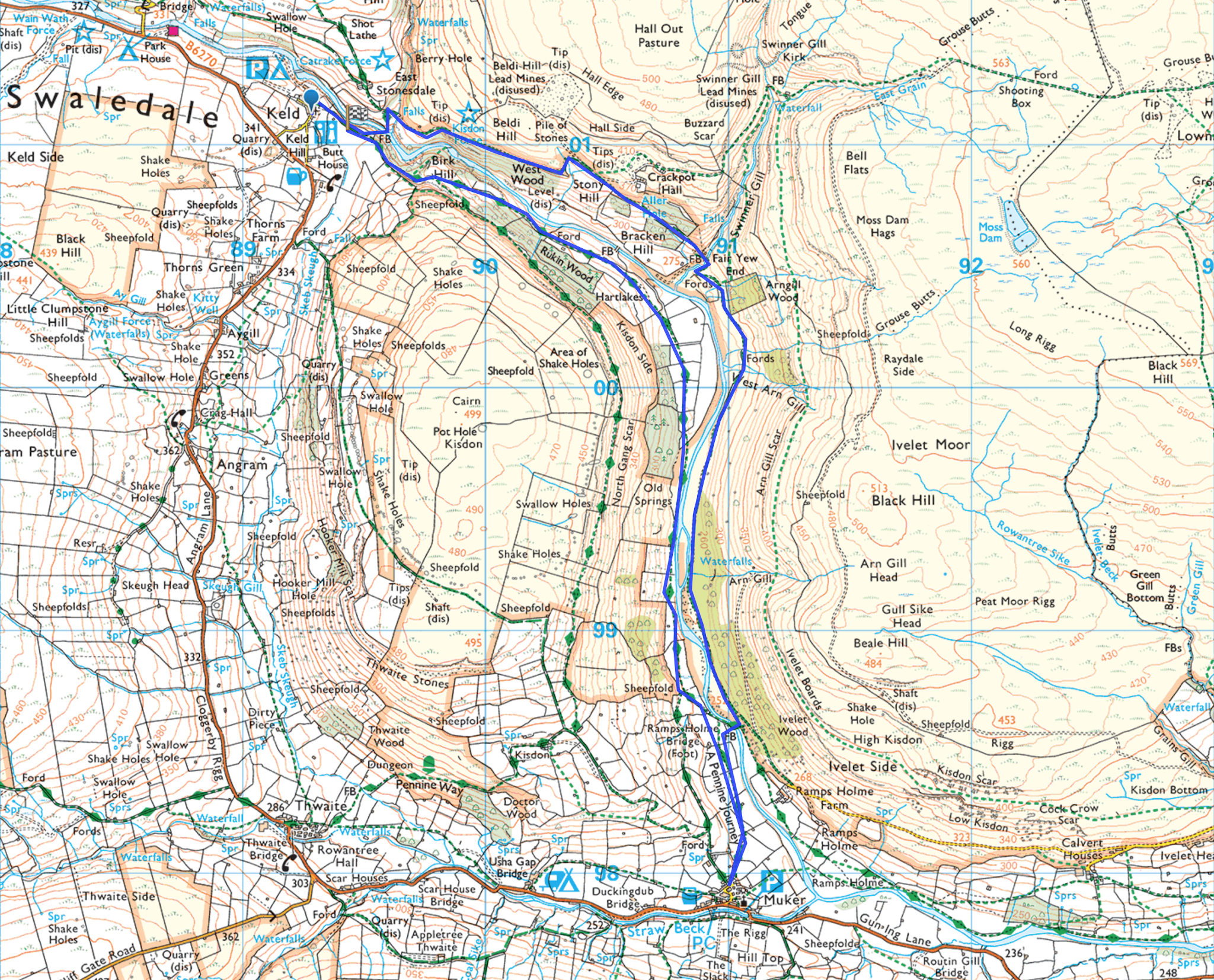 Muker Keld walk map route Yorkshire dales