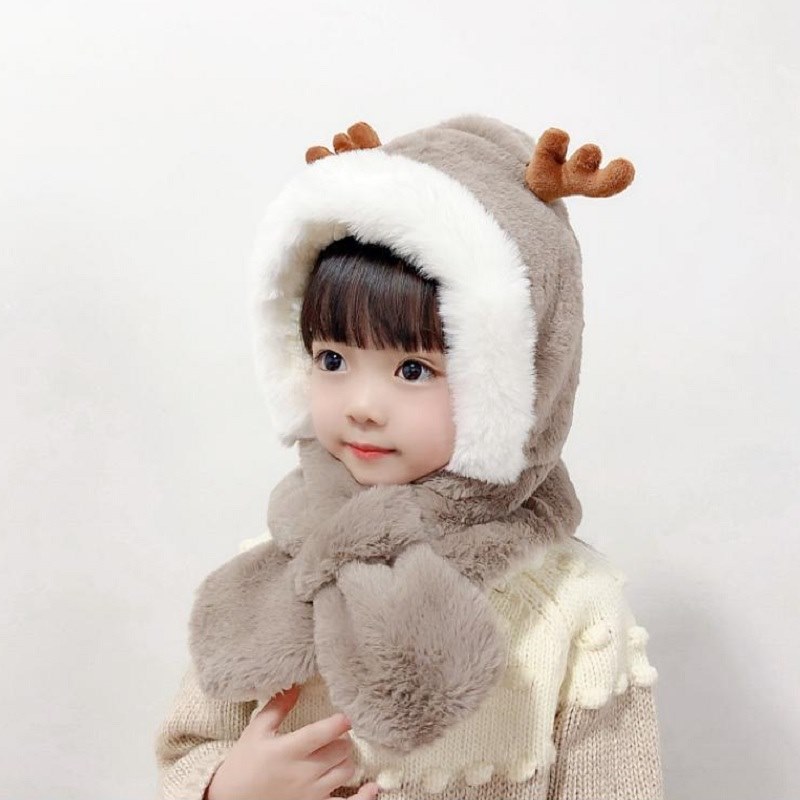 Mũ trẻ em mùa đông lót lông sừng hươu cute nón kèm khăn siêu ấm tai gấu thỏ cho bé
