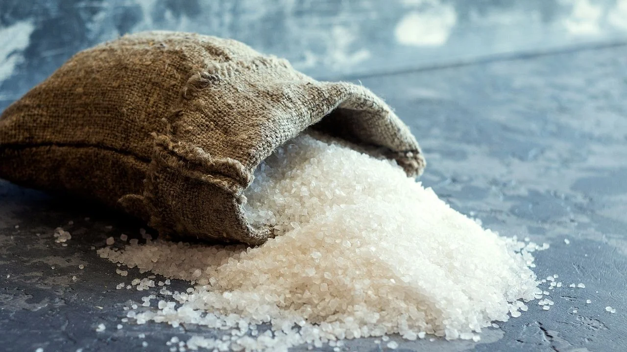 Sea Salt in bag. Bag of salt produced on farm.