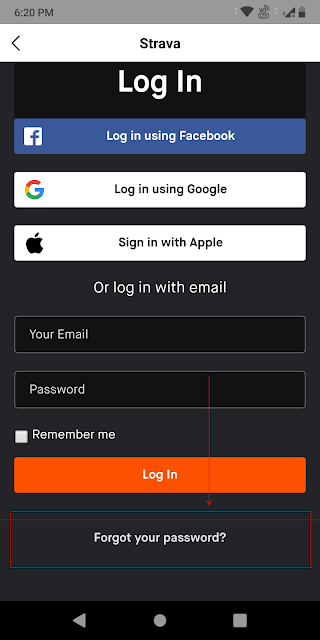 Highlighting the "Forgot your password" on the Strava login screen