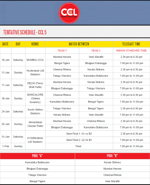 CCL 5 2015 Match Schedule | Filmy Trend