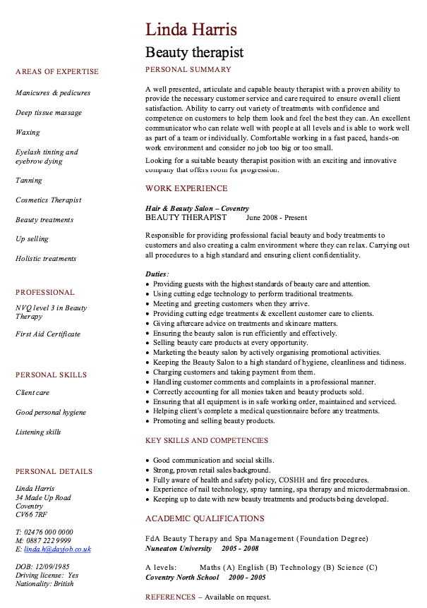 Beauty Therapist Resume Sample Resume Letter
