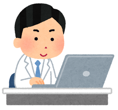 パソコンを使う作業員のイラスト(白衣の男性)