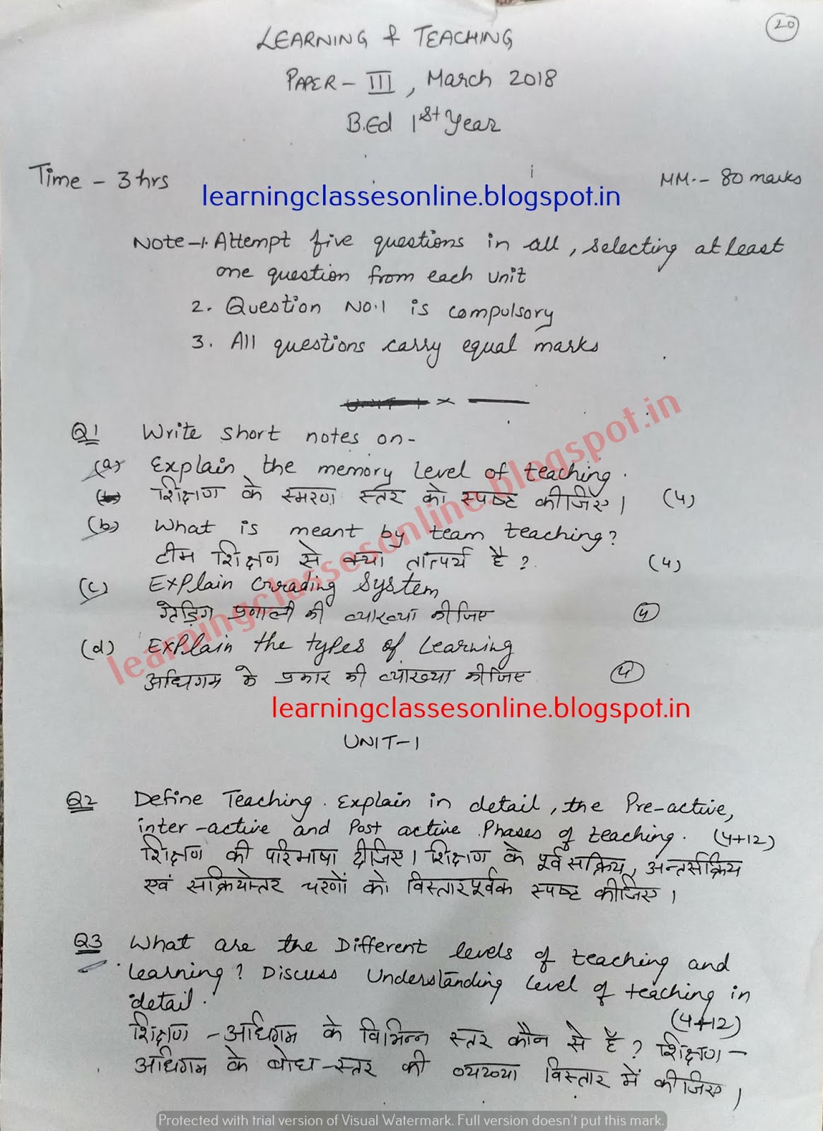 Learning and Teaching Practice Model Test Question Paper
