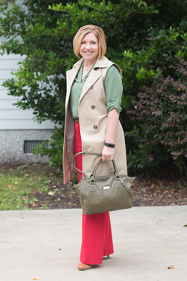 red trousers with trench vest