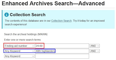 Screen capture from Library and Archives Canada Enhanced Archives Search - Advanced with search terms of Finding aid number 24-60 and keyword 48th highlanders.